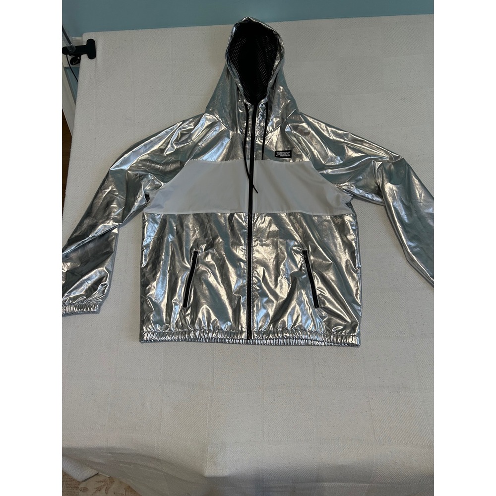Victoria's Secret PINK Metallic Silver White Windbreaker Hooded Jacket M/L